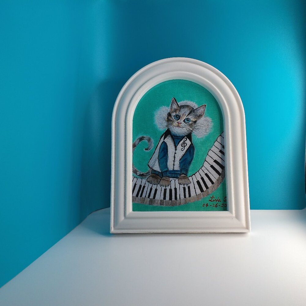 Fun DJ Cat 5"x7" within a new irregular shape white Frame, music cat, keyboard